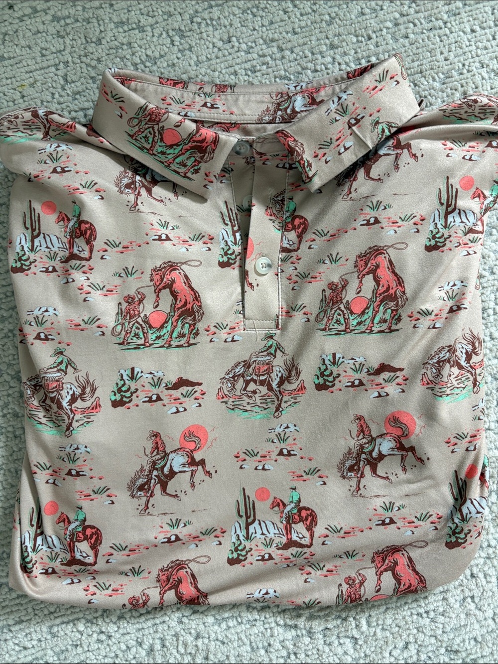 BURLEBO Men's XL Desert Print Polo - Tan with Coral and Green Accents - Picture 4 of 5